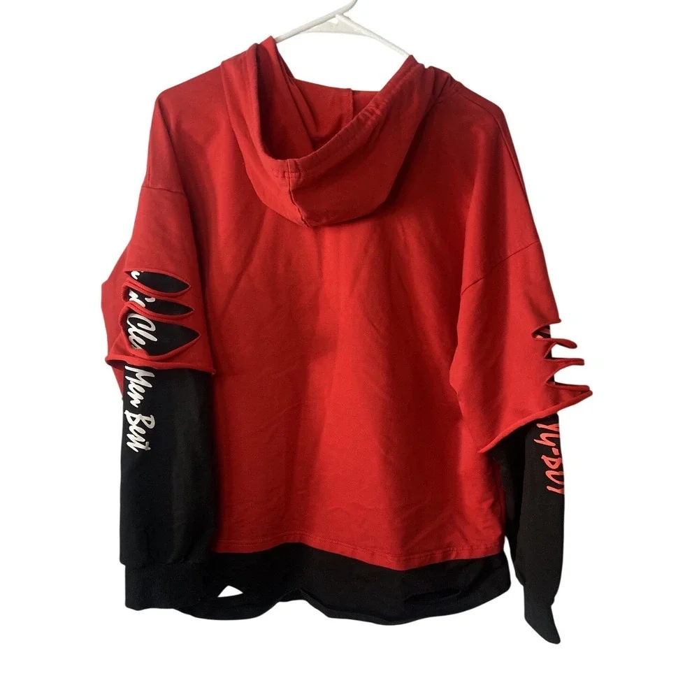 Yuge Fashion Red Black Layered Distressed Graphic Hoodie Mens 3XL Streetwear - Picture 2 of 16